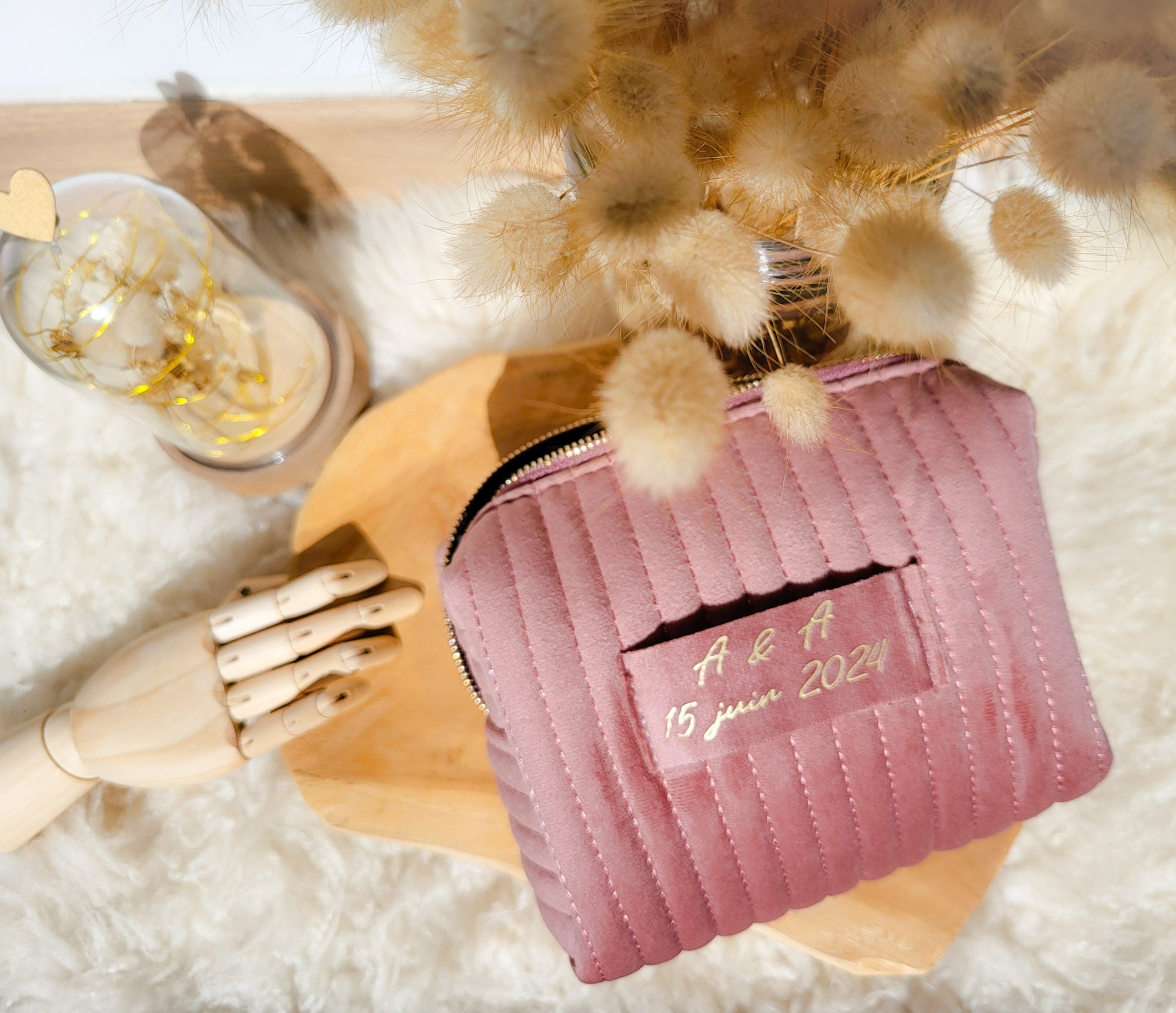 Trousse De Maquillage De Mariée - Sac Cosmétique Élégant Avec Fermeture Éclair - Idéal Pour Cadeau De Mariage, Fiançailles Et Célébrations - 23x15 Cm