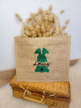 Charger l'image dans la galerie, Sac de Pâques personnalisé en jute Lapin de Pâques avec prénom, Panier chasse aux oeufs enfants, cadeau pour nid de Pâques personnalisable
