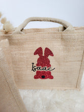 Charger l'image dans la galerie, Sac de Pâques personnalisé en jute Lapin de Pâques avec prénom, Panier chasse aux oeufs enfants, cadeau pour nid de Pâques personnalisable