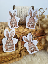 Charger l'image dans la galerie, Etiquette marque-place personnalisé lapin Pâques champêtre décoration enfant baptême, anniversaire, fête, cadeau nom invité