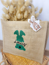 Charger l'image dans la galerie, Sac de Pâques personnalisé en jute Lapin de Pâques avec prénom, Panier chasse aux oeufs enfants, cadeau pour nid de Pâques personnalisable