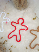 Load image into Gallery viewer, Gingerbread man decoration to hang on the Christmas tree in customizable recycled cotton knit with golden first name
