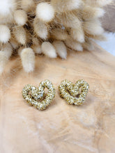 Load image into Gallery viewer, Golden heart earrings fancy textile trendy gift winter 2023 handmade
