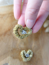 Load image into Gallery viewer, Golden heart earrings fancy textile trendy gift winter 2023 handmade

