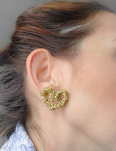 Load image into Gallery viewer, Golden heart earrings fancy textile trendy gift winter 2023 handmade
