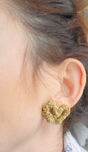 Load image into Gallery viewer, Golden heart earrings fancy textile trendy gift winter 2023 handmade
