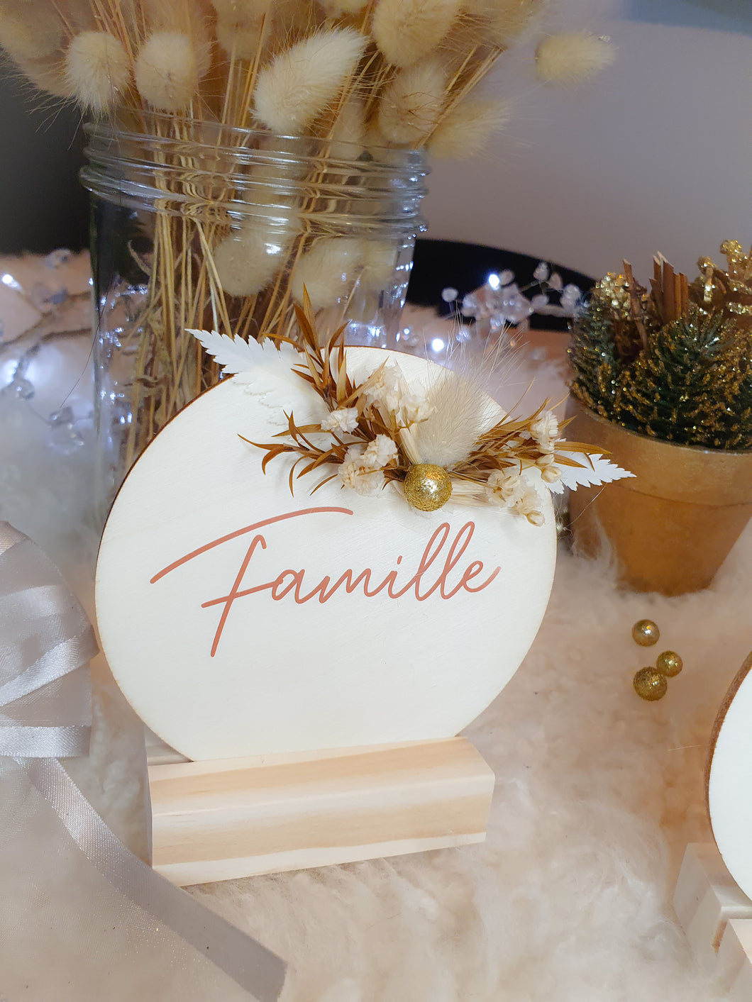 Decoración de bolas navideñas de madera para colocar, personalizable con nombre y flores secas para decorar mesa de fin de año, abeto, chimenea