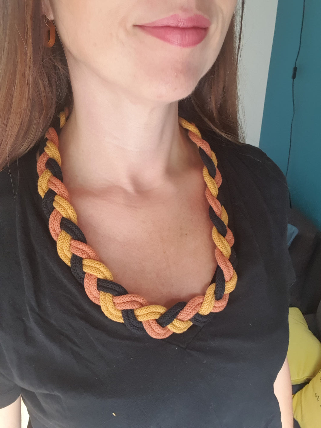 Customizable braided cotton rope necklace costume jewelry trendy gift fall 2023 macramé handmade sailor knot terracotta mustard yellow black Christmas