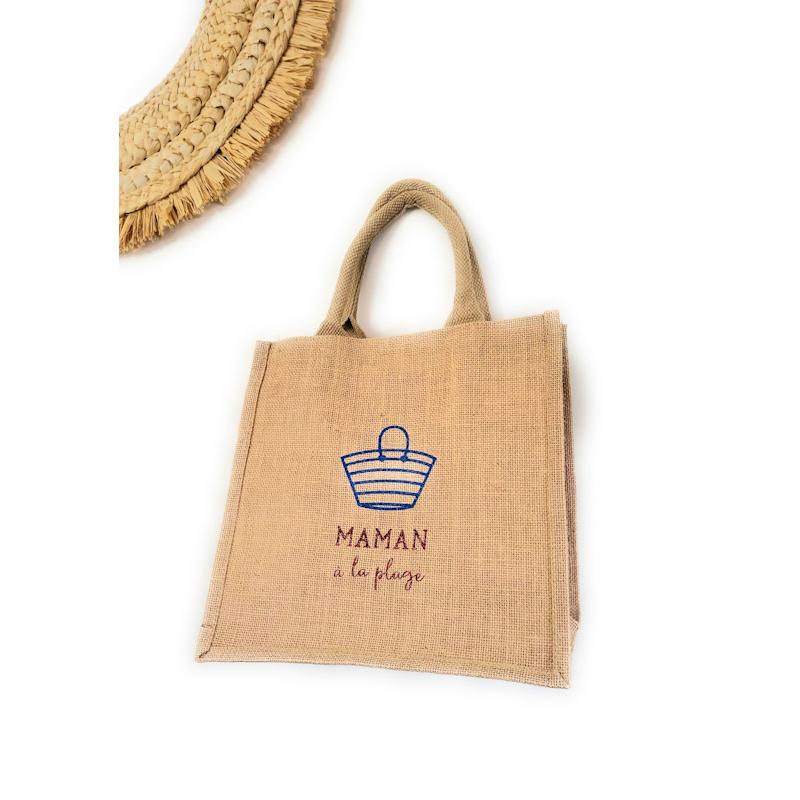 Panier de plage toile de jute personnalisé Cabas prénom Maman à la plage  Cadeau fête des mères sac totebag amour EVJF Témoin mariage mariée
