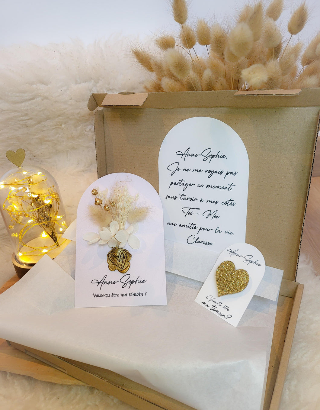 Gift box will you be my witness card dried flowers brooch heart sequins godmother grandma mom birthday baptism birth wedding
