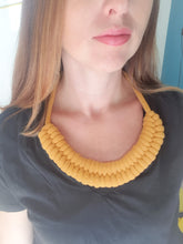 Load image into Gallery viewer, Thick knotted cotton rope necklace bib, costume jewelry, trendy gift idea fall 2023 macramé handmade mustard yellow sailor knot
