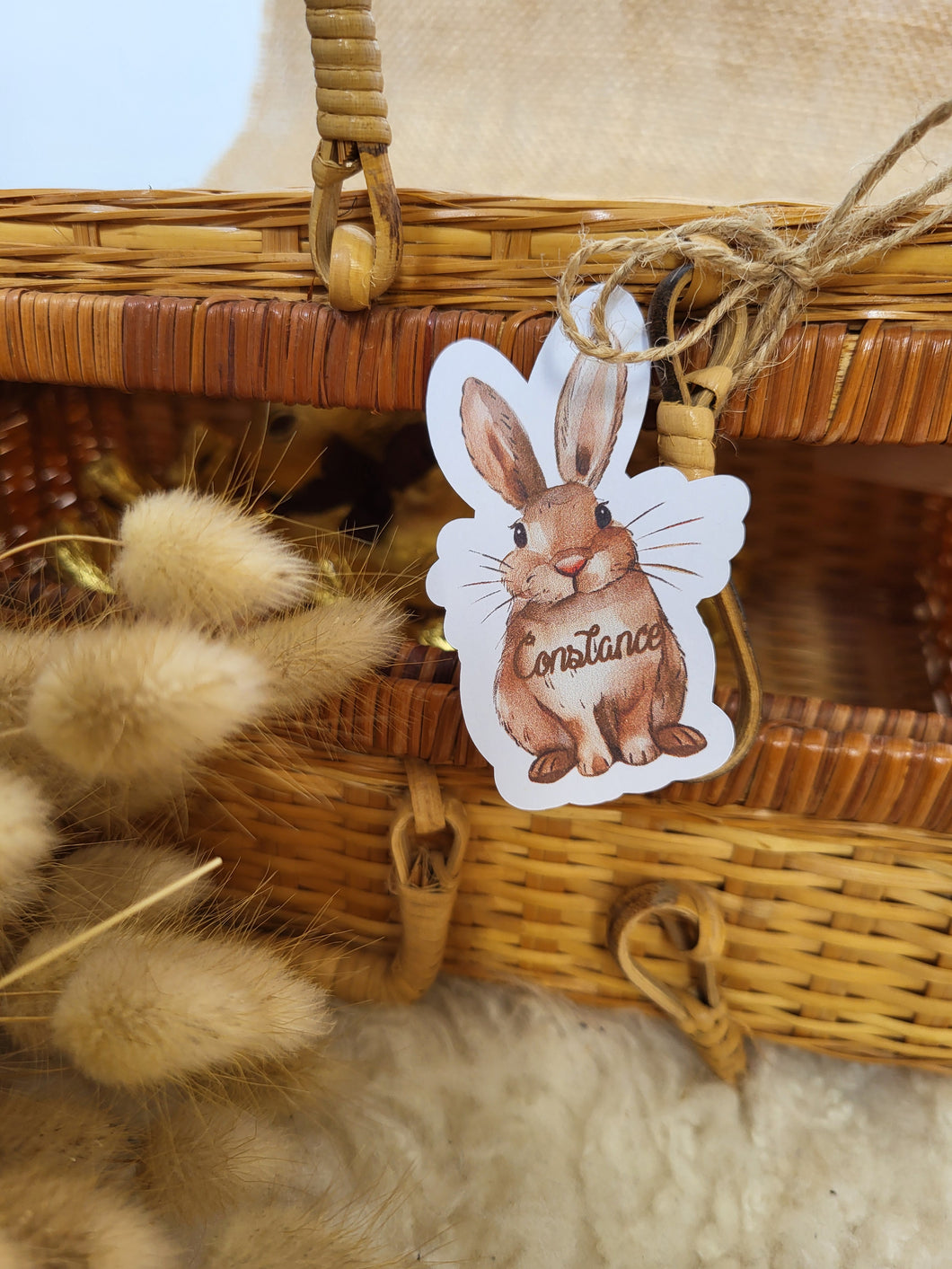 Etiquette marque-place personnalisé lapin Pâques champêtre décoration enfant baptême, anniversaire, fête, cadeau nom invité