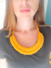 Load image into Gallery viewer, Thick knotted cotton rope necklace bib, costume jewelry, trendy gift idea fall 2023 macramé handmade mustard yellow sailor knot
